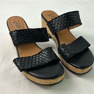 Miz Mooz Genna Women's Black Leather Slip On Woven Crock Block Heel Sandals  39